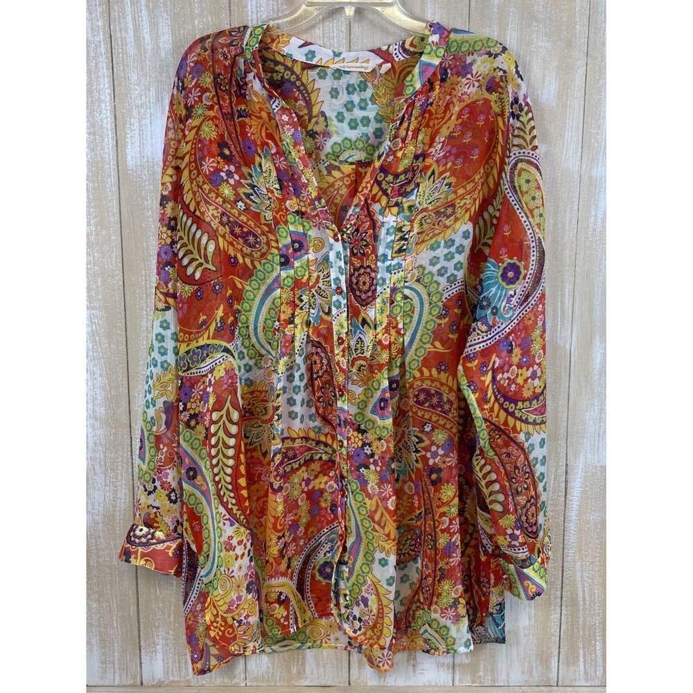 Soft Surroundings 2X Blouse Button Front Pleated v-neck Sheer Paisley Flower